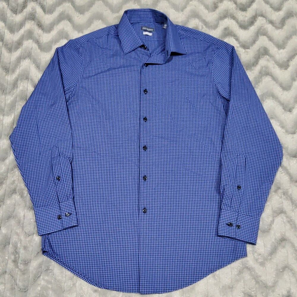 Van Heusen Mens 15 32/33 Blue Black Plaid Fitted Long Sleeve Button Up Shirt